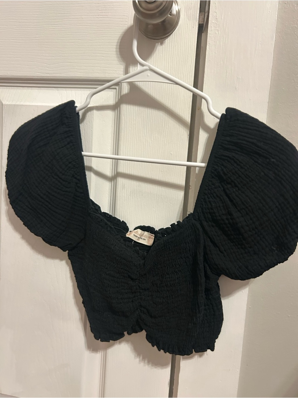 Smocked Puff Sleeve Crop Top - Black